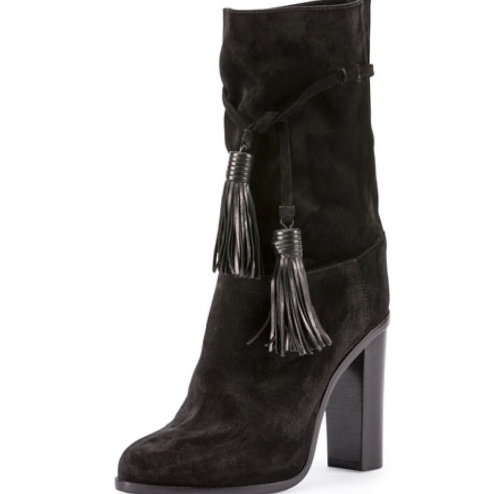 LANVIN Blk Suede Midcalf Tassel-Tie Boots 37.5 NWT